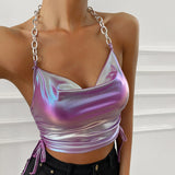 Backless Crop Halter Shiny Top