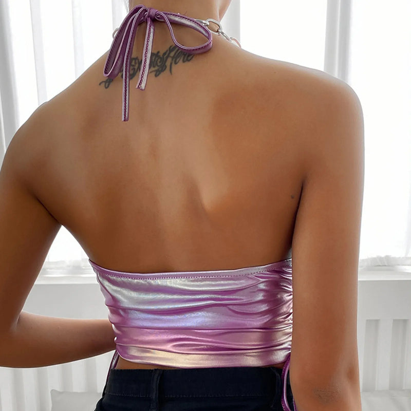 Backless Crop Halter Shiny Top